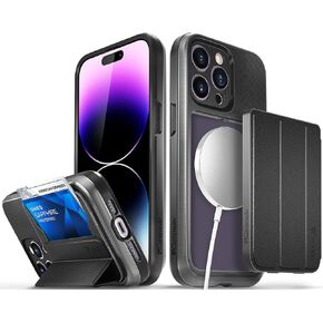 حافظة محفظة VENA vCommuteX قابلة للفصل لهاتف Apple iPhone 14 Pro (6.1 بوصة)، (متوافقة مع Magsafe، حماية من السقوط العسكري) حامل فتحة بطاقة غطاء جلدي مع مسند - رمادي فلكي/أسود
