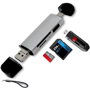 Enhanced 3-in-1 USB Card Reader. Connectivity for SD, SDHC SDXC, Micro SD, Micro SDHC, Micro SDXC and USB - Compatiable with iPhone 15+ Pad Macbook Samsung S24 (Grey)