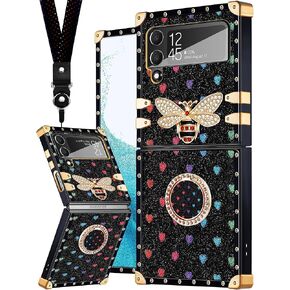 Loheckle for Samsung Galaxy Z Flip 4 Case for Women, Designer Square Cases for Galaxy Z Flip 4 Phone Case with Ring Stand Holder and Lanyard, Stylish Bee Luxury Cover for Samsung Flip 4 6.7''