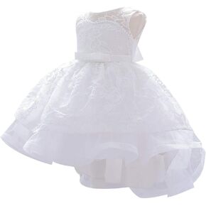 Baby Girls Christening Embroidered Lace High Low Bowknot Dresses Princess Wedding Birthday Pageant Baptism Tutu Gown