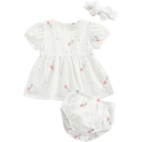 Infant Baby Girls Eyelet Flower Embroidered Dress, Bloomers, Headband 3pcs Outfit White Short Sleeve Cotton Dress