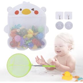 Mesh Bath Toy Organizer & Scoop Set, Cute Bathtub Toy Organizer Net + Bath Toy Scoop + 2 Strong Hooks for Kids & Toddlers Shower Bath Toy Storage