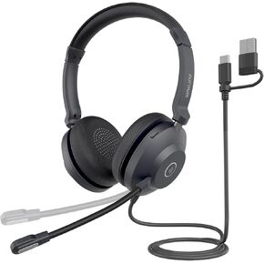 NUROUM USB Headset with Microphone for PC, AI Noise Cancelling Mic for Work, Mute Button, Wired Headset for Office/Call Center, USB-A/Type-C for Computer/Laptop/Desktop, for Zoom/Teams