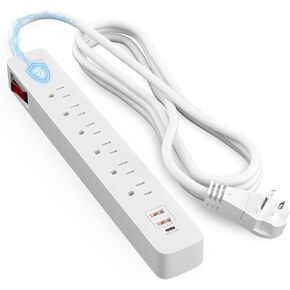 Elecan 3 Prong Power Strip Surge Protector with 4 FT Extension Cord,6 Outlets+2 USB A Ports+1 Type-C PD 20W Charging,45 Degree Flat Plug,14AWG 1875W 15A, ETL Listed,Overload Protection,White