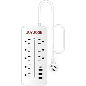 12-in-1 Power Strip Surge Protector Charging Station, Flat Plug Extension Cable, 8 Sockets, 3 USB&Output Voltages 2A-5V 1 Typec, USB-C 2000W 10A (4ft White)