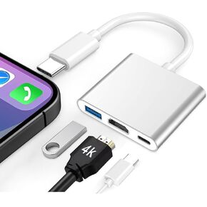 USB C to HDMI Hub 3 in 1, USB C to USB 3.0 OTG Adapter, USB C Digital AV Adapter Compatible with iPhone 15, Thunderbolt 3/4 MacBook Pro/Air 2023, iMac, Surface Book 3 and More, Silver white