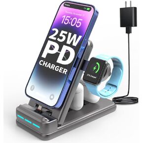 محطة شحن سريعة MSTJRY 25W PD لأجهزة Apple المتعددة - حامل شاحن قابل للطي 4 في 1 لهاتف iPhone 14/13/12/11/X/8، وساعة Apple 9/8/7/6/SE/Ultra، موصل شحن مزدوج للهواء القرون وسماعات الأذن in Kuwait
