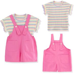 Toddler Baby Girl Summer Clothes Sets with Rainbow Ribbed Knit Shirts & Short Overalls
