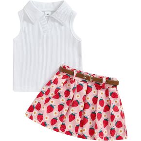Toddler Baby Girl Summer Outfit Lapel Neck Ribbed Tank Tops Strawberry Print Pleated Mini Skirt Set Infant Clothes