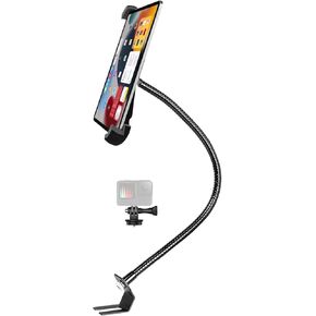 Car Seat Rail Tablet Mount for Truck, Aluminum Gooseneck Car Floor Bolt Tablet Holder Camera Clamp with 1/4'' Screw Adapter for Taxi, Van, Vehicle, Semi, SUV for iPad Pro/Air, Tabs, Gopro (9.5-14.5")