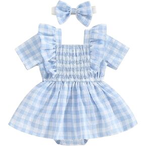Infant Toddler Baby Girl Summer Clothes Short Sleeve Plaid Romper Jumpsuit Dress One Piece Bodysuit Summer Outfit