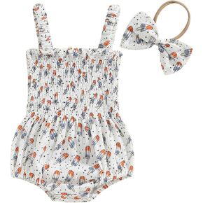 Newborn Baby Girl Summer Bodysuit Popsicle Print One Piece Ruffle Strap Romper Jumpsuit Playsuit with Headband