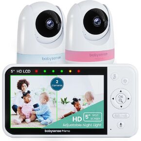 Babysense Prisma Baby Monitor with Camera and Audio, 5" HD Video Baby Monitor with 2 Cameras, 6-Color Night Light, Split Screen, Baby Sound Machine with White Noise & Lullabies, Secure No WiFi