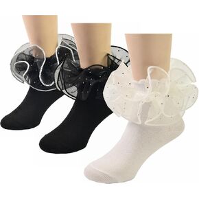 Girls Sequin Lace Ruffle Socks Double Frilly Dress Socks Toddler Turn Cuff Socks 3 Pack