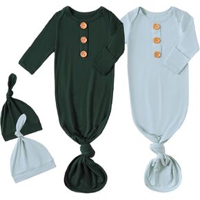 OPAWO Knotted Gown Baby Newborn Sleepers Baby Boy Coming Home Outfit, Bamboo Viscose Baby Gowns with Mitten Cuffs and Hat Set