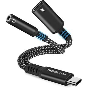 محول سماعة رأس وشاحن 2 في 1 USB C إلى 3.5 مم، ومنفذ شحن سريع USB C PD 3.0 إلى مقبس صوت Aux وكابل دونجل شحن سريع 60 وات متوافق مع Google Pixel وSamsung Galaxy (أسود)
