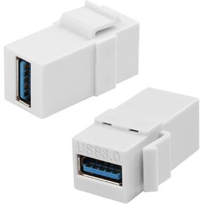 QIANRENON USB3.0 Keystone Jack Adapter Coupler 5Gbps USB3.0 Female to Female Keystone Wall Plate Socket Module Connector 180° Angle, 5V/2A Charging,for Standard Wall Plate Patch Panel, White, 2Pcs