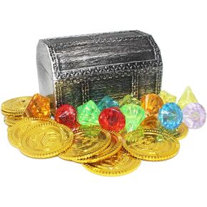 Mini Treasure Chest Toy Set for Kids, Vintage Decorative Pirate Pretend Play or Halloween Cosplay Party, Birthday, Christmas, Include 12 pirate treasure gold coins, 12 colorful diamonds