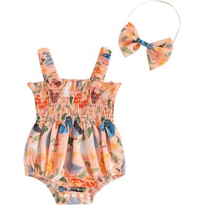 Newborn Baby Girl Summer Bodysuit Print One Piece Ruffle Strap Romper Jumpsuit Polyester Playsuit with Headband