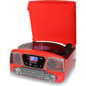 TechPlay ODC35BT RED with Bluetooth, 3 Speed Turntable Programmable MP3 CD Player, USB/SD, Radio & Remote Control