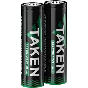 Taken 3.7V 18650 Rechargeable Batteries 3000mAh 2 Pack Lithium Battery Button Top for Flashlights, Headlamps, Doorbells, Toys