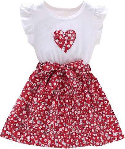 MakeMeChic Girl's Ditsy Floral Dress Ruffled Sleeveless Crew Neck Belted A Line Swing Cute Short Dress in Saudi Arabia