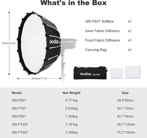Godox Bowens Mount Softbox 23.6in 60cm QR-P60T Quick Release Softbox with Carry Bag 2 Diffusers for Photography Shooting Continuous Light Monolights Video Portrait (23.6in) in Saudi Arabia