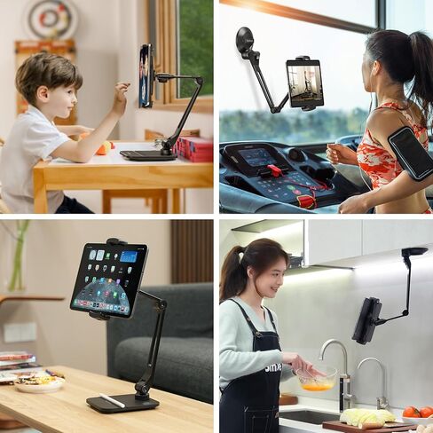 حامل كمبيوتر لوحي للمكتب، حامل هاتف قابل للتعديل 360 درجة مع كوب شفط محمول، متوافق مع الكمبيوتر اللوحي مقاس 4.7-13 بوصة|الهاتف|كيندل، أسود in Kuwait