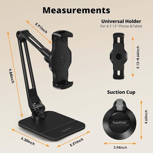 حامل كمبيوتر لوحي للمكتب، حامل هاتف قابل للتعديل 360 درجة مع كوب شفط محمول، متوافق مع الكمبيوتر اللوحي مقاس 4.7-13 بوصة|الهاتف|كيندل، أسود in Kuwait