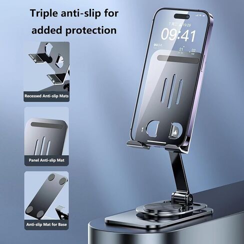 Swivel Phone Stand Tablet Stand for Desk 360 Rotating Pad Stand Foldable Desktop Holder Stand Compatible with iPad Pro/Air/Mini, Galaxy Tab, Phones, Kindle, E-Reader and More Black in Saudi Arabia
