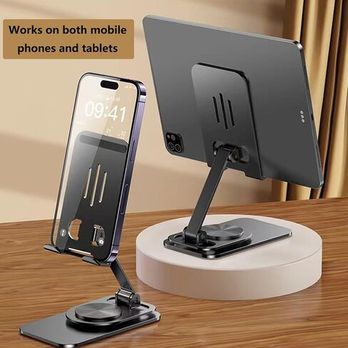 Swivel Phone Stand Tablet Stand for Desk 360 Rotating Pad Stand Foldable Desktop Holder Stand Compatible with iPad Pro/Air/Mini, Galaxy Tab, Phones, Kindle, E-Reader and More Black in Saudi Arabia