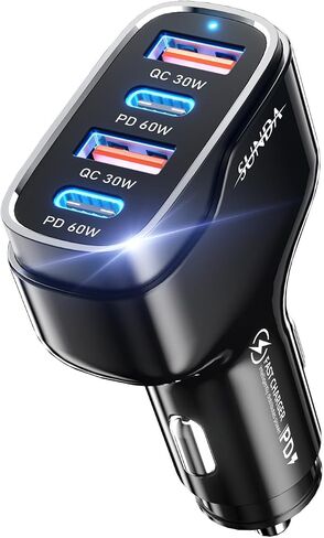 شاحن سيارة سريع USB C بقدرة 120 وات، محول شاحن سيارة بأربعة منافذ، مزدوج النوع C PD60W/PPS60W متوافق مع iPhone15/14 Pro/Max/iPhone13/Galaxy/SamsungS23، USB-A مزدوج 18 وات QC3.0 لنظام Android (أسود) in Kuwait