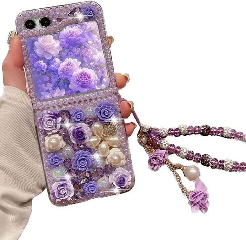 for Samsung Galaxy Z Flip 6 Case,Cute Bling Glitter Sparkle Stunning Stones Diamond Rhinestone 3D Handmade Pearl Rose Flower with Wrist Lanyard for Women Girly for Galaxy Z Flip 6 5G (Pink) in Saudi Arabia