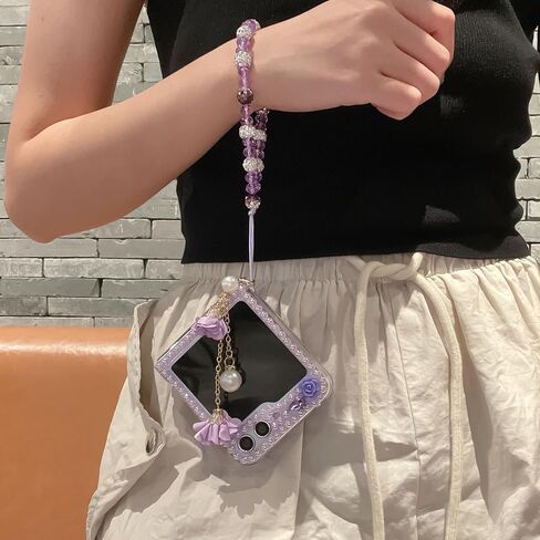 for Samsung Galaxy Z Flip 6 Case,Cute Bling Glitter Sparkle Stunning Stones Diamond Rhinestone 3D Handmade Pearl Rose Flower with Wrist Lanyard for Women Girly for Galaxy Z Flip 6 5G (Pink) in Saudi Arabia