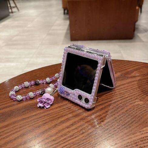 for Samsung Galaxy Z Flip 6 Case,Cute Bling Glitter Sparkle Stunning Stones Diamond Rhinestone 3D Handmade Pearl Rose Flower with Wrist Lanyard for Women Girly for Galaxy Z Flip 6 5G (Pink) in Saudi Arabia