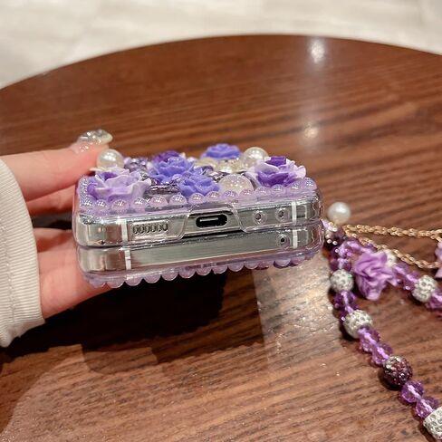 for Samsung Galaxy Z Flip 6 Case,Cute Bling Glitter Sparkle Stunning Stones Diamond Rhinestone 3D Handmade Pearl Rose Flower with Wrist Lanyard for Women Girly for Galaxy Z Flip 6 5G (Pink) in Saudi Arabia