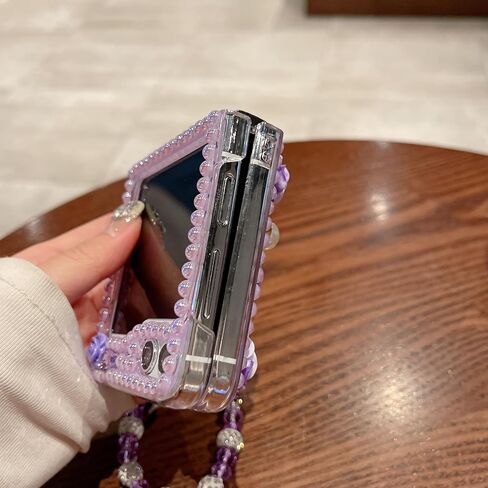 for Samsung Galaxy Z Flip 6 Case,Cute Bling Glitter Sparkle Stunning Stones Diamond Rhinestone 3D Handmade Pearl Rose Flower with Wrist Lanyard for Women Girly for Galaxy Z Flip 6 5G (Pink) in Saudi Arabia