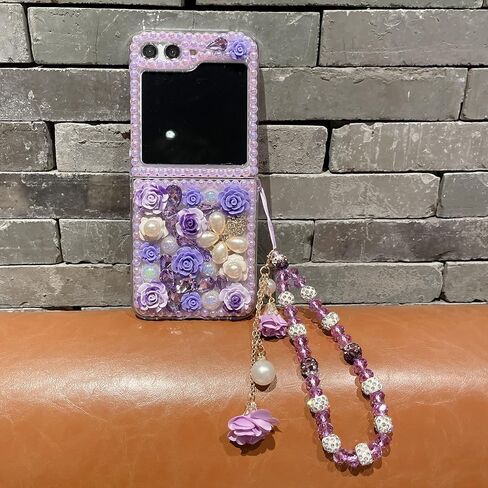 for Samsung Galaxy Z Flip 6 Case,Cute Bling Glitter Sparkle Stunning Stones Diamond Rhinestone 3D Handmade Pearl Rose Flower with Wrist Lanyard for Women Girly for Galaxy Z Flip 6 5G (Pink) in Saudi Arabia