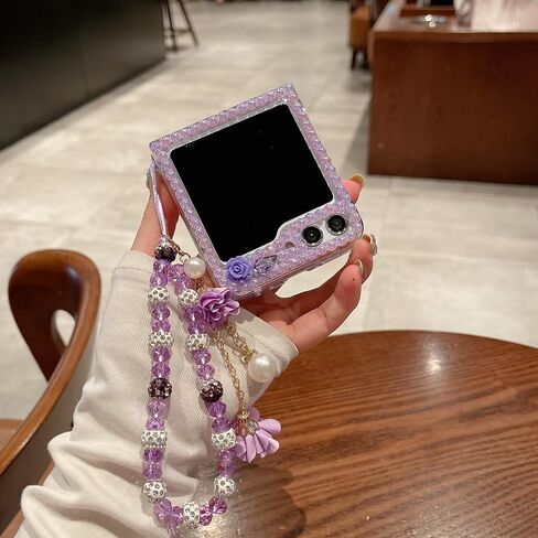 for Samsung Galaxy Z Flip 6 Case,Cute Bling Glitter Sparkle Stunning Stones Diamond Rhinestone 3D Handmade Pearl Rose Flower with Wrist Lanyard for Women Girly for Galaxy Z Flip 6 5G (Pink) in Saudi Arabia