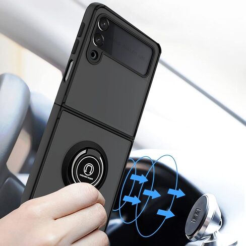 TJS Compatible with Samsung Galaxy Z Flip 3 5G Case, Metal Ring Kickstand Magnetic Support Drop Protective Cover Phone Case (Black) in Saudi Arabia
