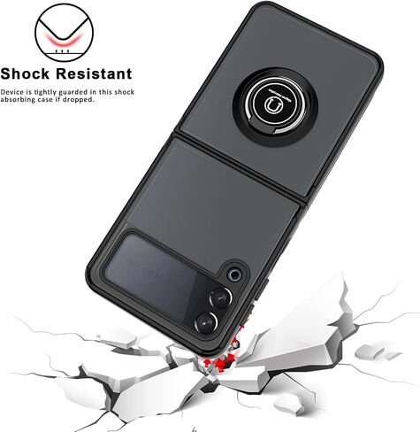 TJS Compatible with Samsung Galaxy Z Flip 3 5G Case, Metal Ring Kickstand Magnetic Support Drop Protective Cover Phone Case (Black) in Saudi Arabia