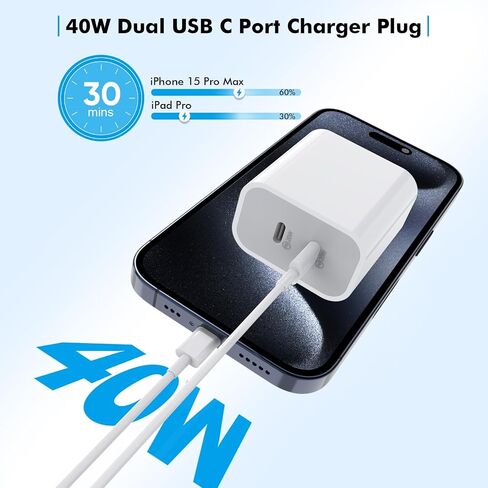 iPhone 15 Charger,Apple Charger Fast Charging,2Pack 40W Dual Port Power Delivery Apple Charging Block,2Pack 6FT USB C to C Fast Charger Cable,USB C Charger for iPhone 15/15 Pro/iPad Pro/iPad Air/Mini in Saudi Arabia