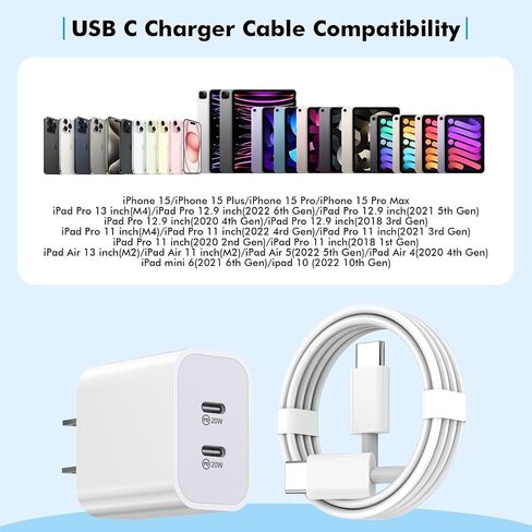 iPhone 15 Charger,Apple Charger Fast Charging,2Pack 40W Dual Port Power Delivery Apple Charging Block,2Pack 6FT USB C to C Fast Charger Cable,USB C Charger for iPhone 15/15 Pro/iPad Pro/iPad Air/Mini in Saudi Arabia