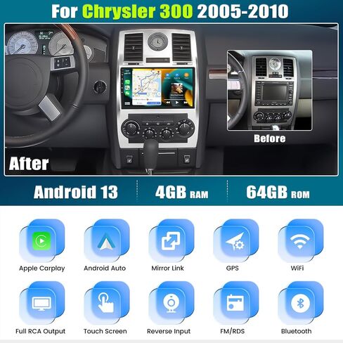 [8 Core 4G+64G] Android 13 Car Stereo for Chrysler 300 2005-2010 with WiFi,GPS Navigation,Bluetooth,FM/RDS,SWC+Backup Camera Wireless Apple Carplay Android Auto,9'' Touchscreen Chrysler Car Radio in Saudi Arabia