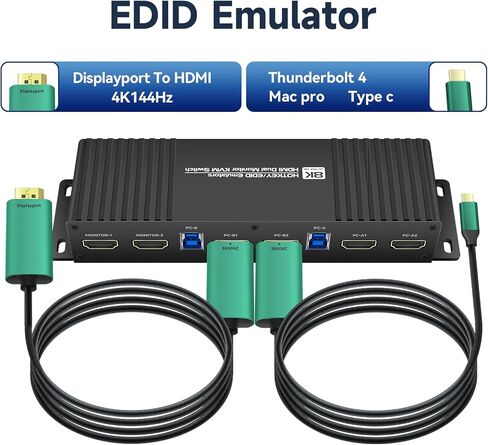 HDMI KVM Switch 2 شاشات 2 أجهزة كمبيوتر EDID، HDMI KVM Switches شاشة مزدوجة مع مفتاح التشغيل السريع، (تشمل جميع الكابلات) in Kuwait