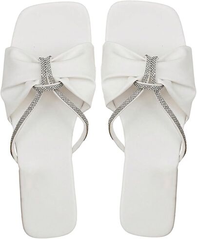 GORGLITTER Women's Rhinestone Flat Sandals Bow Square Open Toe Slip on Slide Sandals in Saudi Arabia