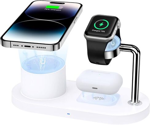 محطة شحن لاسلكية للآيفون: محطة شحن مغناطيسية 3 في 1 لأجهزة متعددة من Apple - حامل شاحن سريع 18 وات لهاتف iPhone 15 14 13 12 Pro Max Apple Watch & Airpods (أبيض)، CW330 in Saudi Arabia