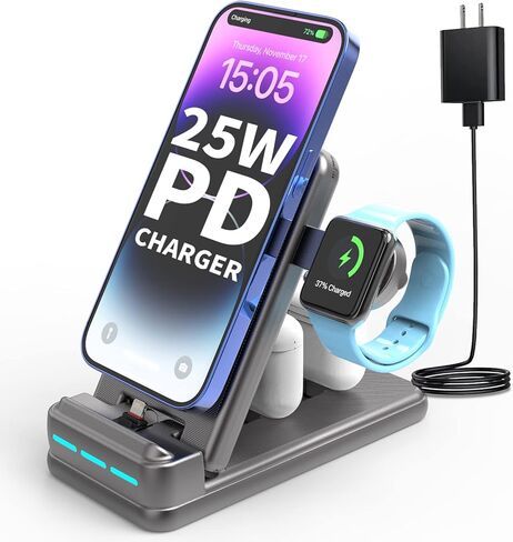 محطة شحن سريعة MSTJRY 25W PD لأجهزة Apple المتعددة - حامل شاحن قابل للطي 4 في 1 لهاتف iPhone 14/13/12/11/X/8، وساعة Apple 9/8/7/6/SE/Ultra، موصل شحن مزدوج للهواء القرون وسماعات الأذن in Kuwait