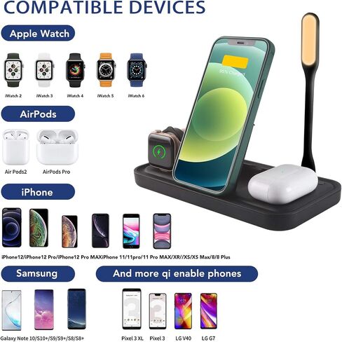 3C Light Wireless Charger, 4 in 1 Qi-Certified Fast Charging Station for Apple Watch Airpods Pro iPhone 121111proXXSXRXs Max88 Plus, Foldable Wireless Charging Stand (Black) in Saudi Arabia