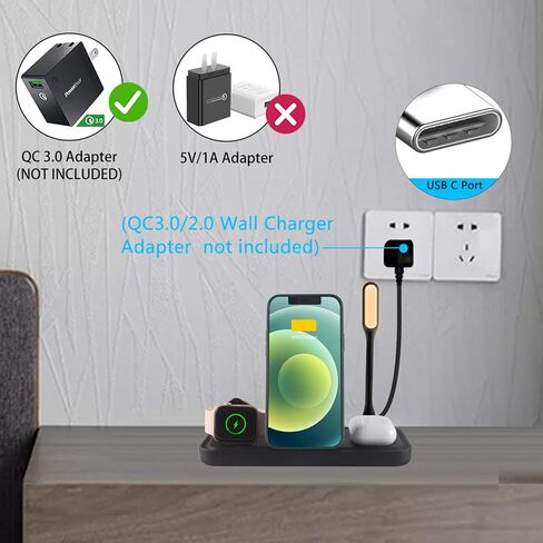 3C Light Wireless Charger, 4 in 1 Qi-Certified Fast Charging Station for Apple Watch Airpods Pro iPhone 121111proXXSXRXs Max88 Plus, Foldable Wireless Charging Stand (Black) in Saudi Arabia